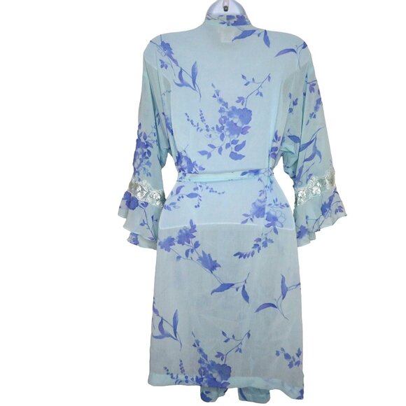 LA Intimates Knee Length Sheer Robe M Blue Lavender Floral Ruffled Lace Sleeve - Picture 11 of 13